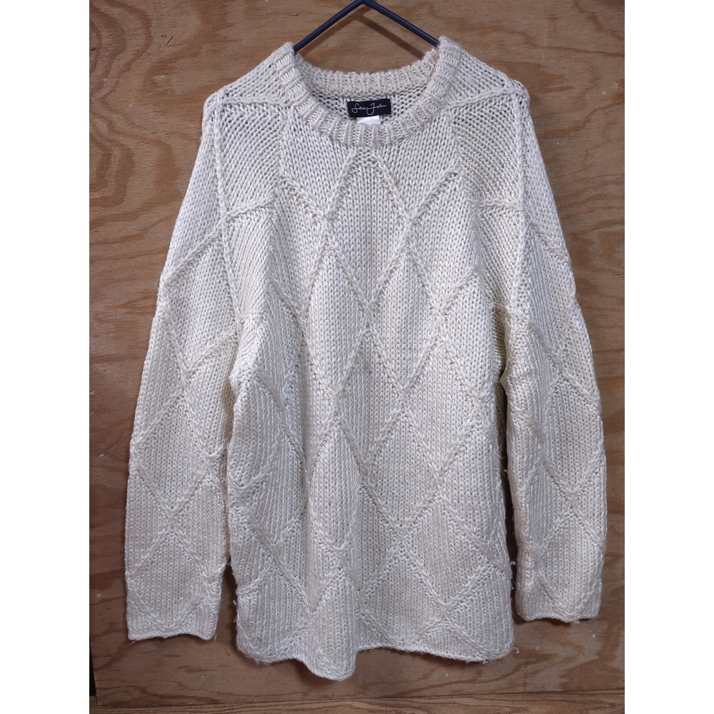 Vintage Sean John Mens Large Cream Diamond Cable Knit Sweater Wool Blend Crew